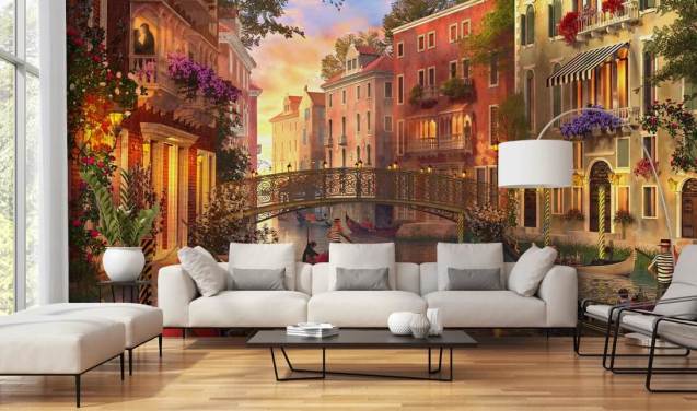 romantisk digital kunst av venetianske kanalen og bro tapet