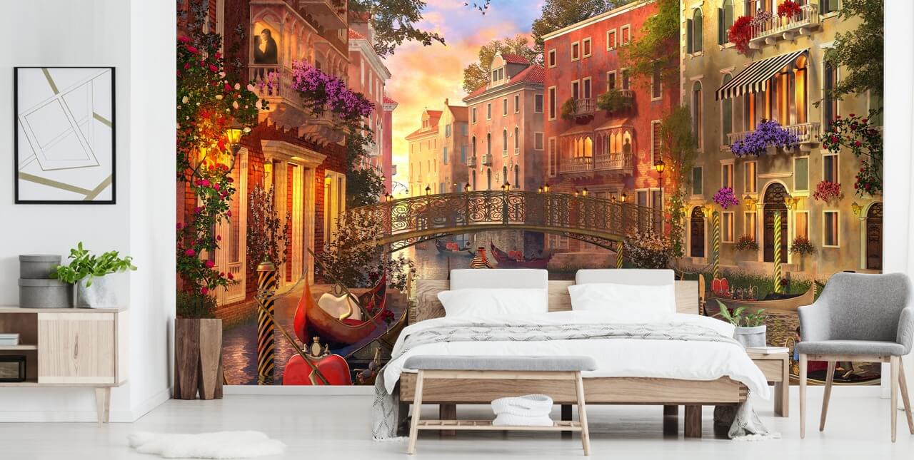 romantic digital art of venetian canal and bridge wallpaper