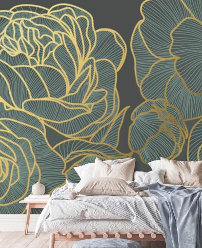 behang met donkere bloemen en gouden lijnen behang met donkere bloemen en gouden lijnen