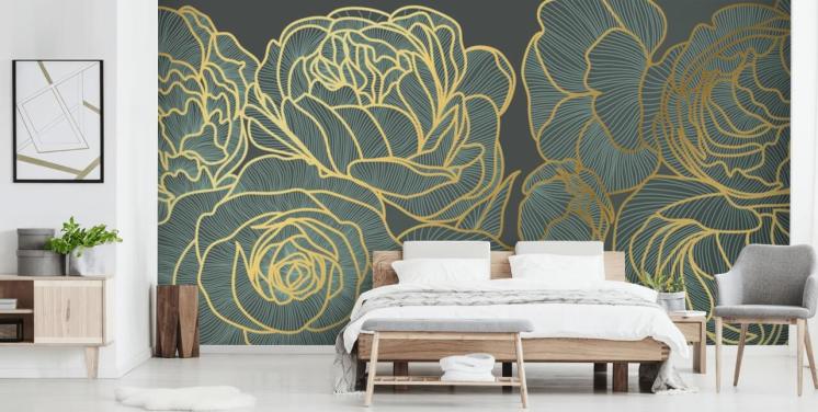 dark floral and gold lines wallpaper