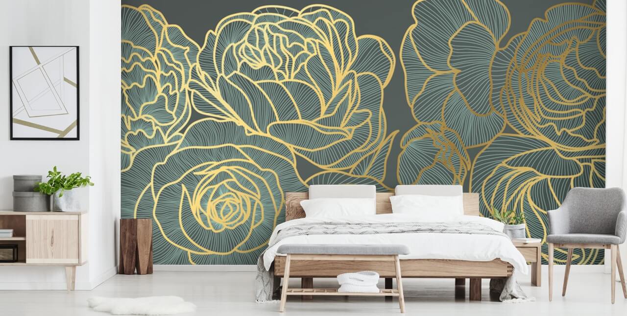 dark floral and gold lines wallpaper