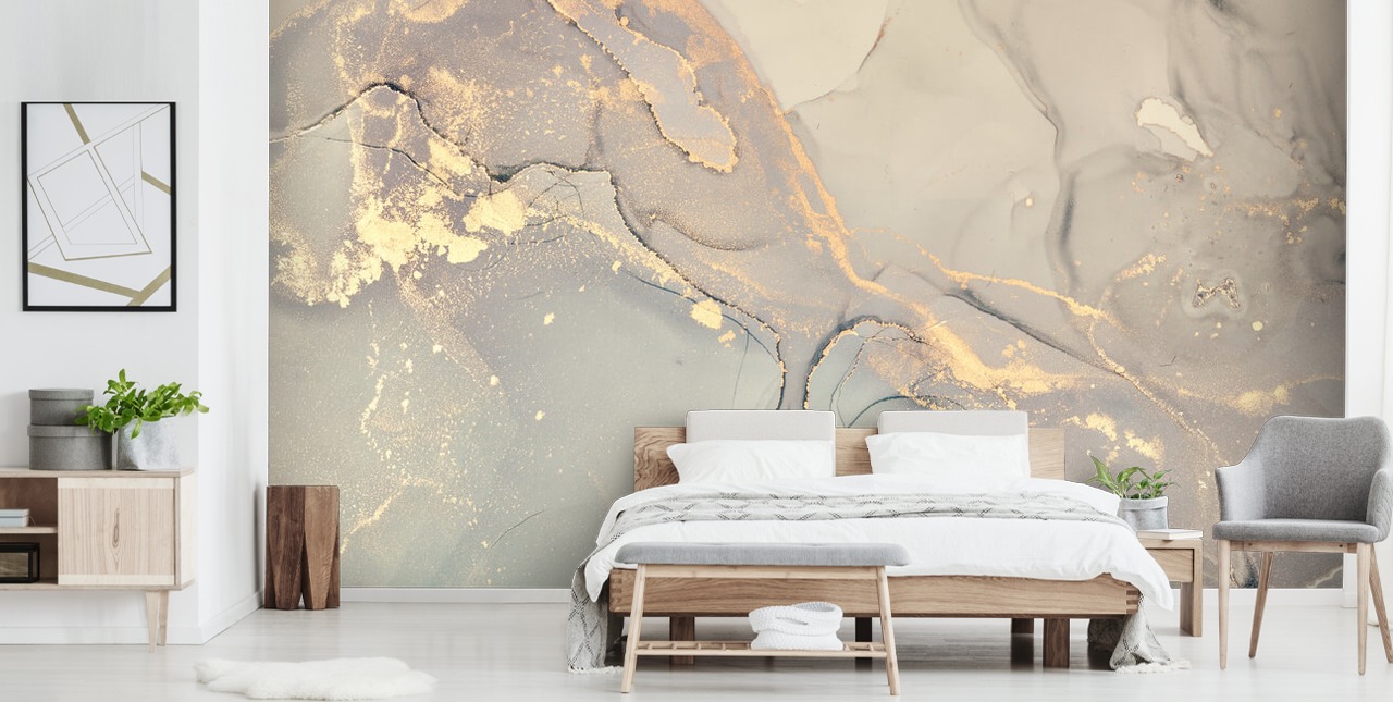 lichtgrijze en lila getinte aanpasbare marmeren behangmuurschildering genaamd Dreamy Marble Effect voor keukens, slaapkamers en badkamers