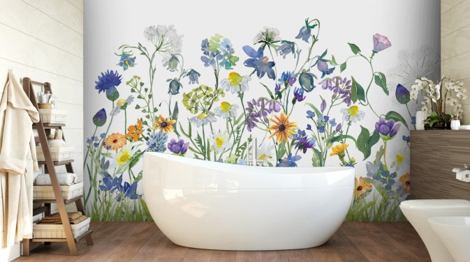 blå, lilla og gule eng blomster tapet