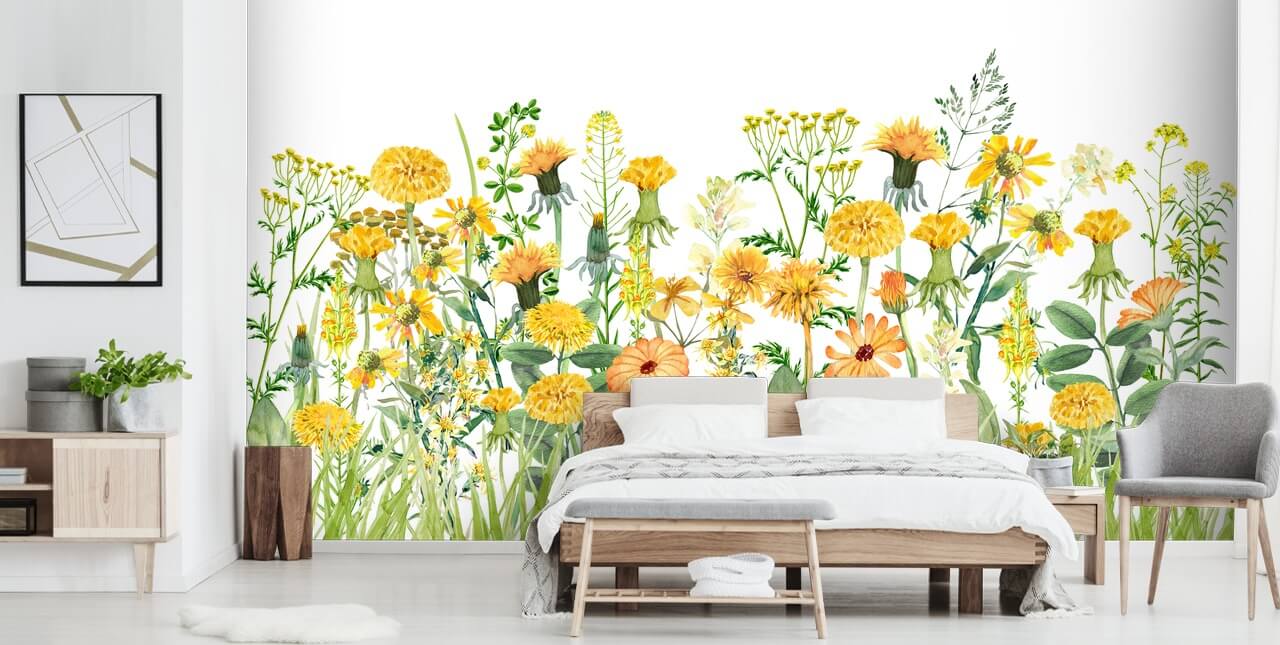 yellow painted growing flowers wallpaper