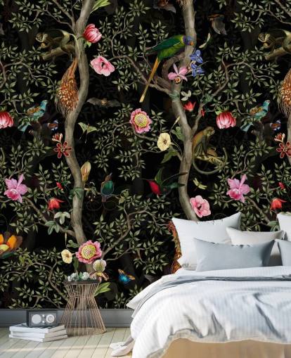 mørk chinoiserie tre og fugl tapet mørk chinoiserie tre og fugl tapet