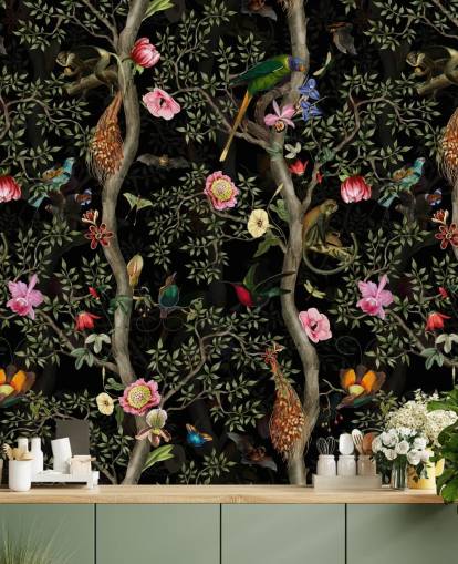papel pintado de árbol y pájaro chinoiserie oscuro papel pintado de árbol y pájaro chinoiserie oscuro