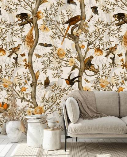 Senf und braune Chinoiserie-Tapete Senf und braune Chinoiserie-Tapete