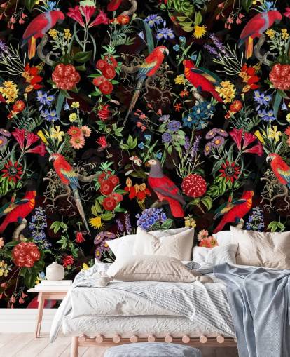 röda papegojor och färgglada blommor på svart bakgrund tapeter röda papegojor och färgglada blommor på svart bakgrund tapeter