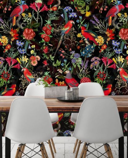 red parrots and colourful flowers on black background wallpaper red parrots and colourful flowers on black background wallpaper