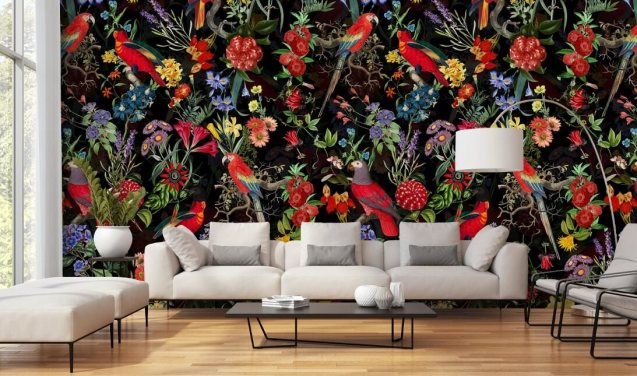perroquets rouges et fleurs colorées sur fond noir papier peint