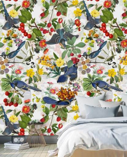 blaue Vögel und rote und gelbe Blumen Wallpaper blaue Vögel und rote und gelbe Blumen Wallpaper