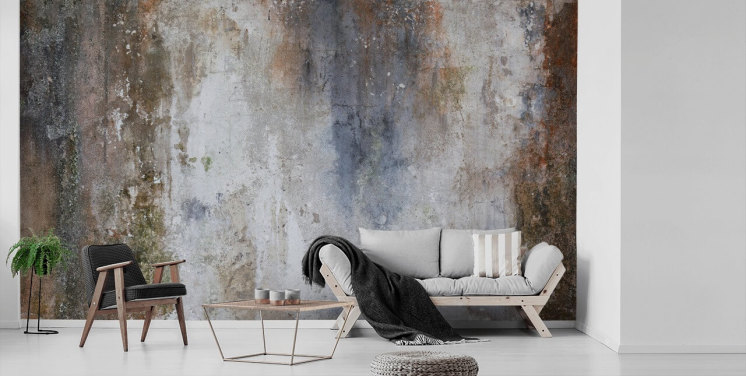 Maßgefertigtes Wandtapetenbild aus Beton in Grau, Blau und Bronze namens Industrial Wall