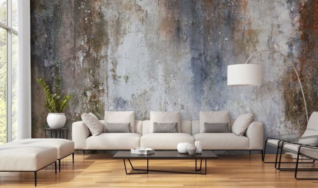 Maßgefertigtes Wandtapetenbild aus Beton in Grau, Blau und Bronze namens Industrial Wall