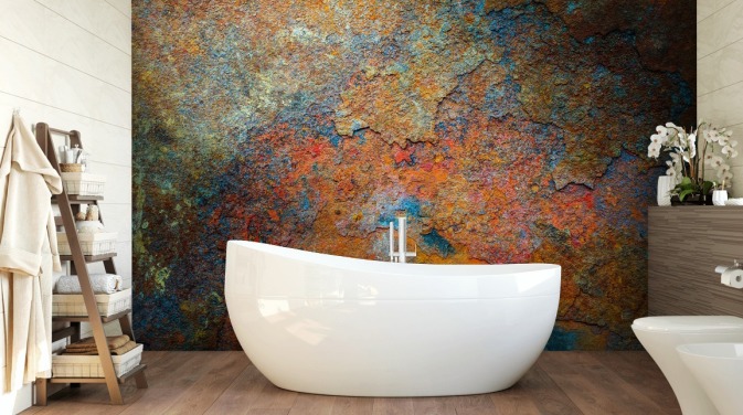 kleurrijke roestbehangmuurschildering genaamd Rusty Rainbow voor op kantoor of thuis