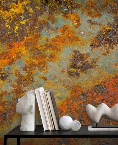 carta da parati murale in metallo arancione chiamata Flecks of Rust per salotti, camere da letto e spazi commerciali carta da parati murale in metallo arancione chiamata Flecks of Rust per salotti, camere da letto e spazi commerciali