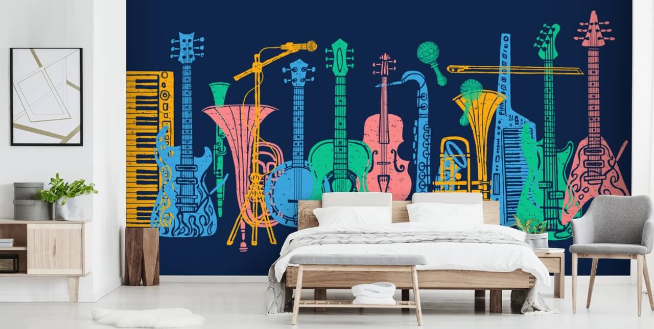 pink, green, yellow and blue instruments wallpaper