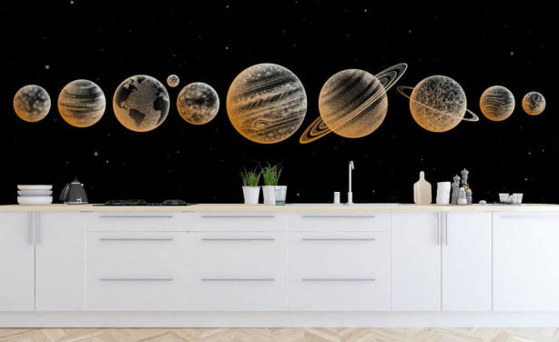 goudkleurige planeten op zwarte achtergrond behang