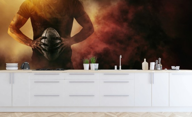 black, red and orange customizable rugby wallpaper mural called Rugby Player for kid's bedrooms