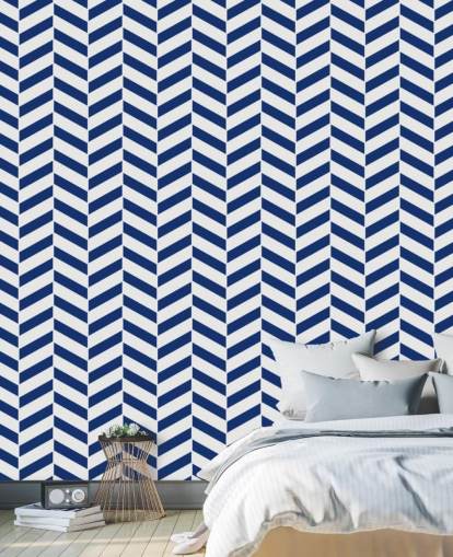 mural de papel de parede em espinha de peixe personalizável em índigo chamado Blue and White Herringbone para banheiros e cozinhas mural de papel de parede em espinha de peixe personalizável em índigo chamado Blue and White Herringbone para banheiros e cozinhas