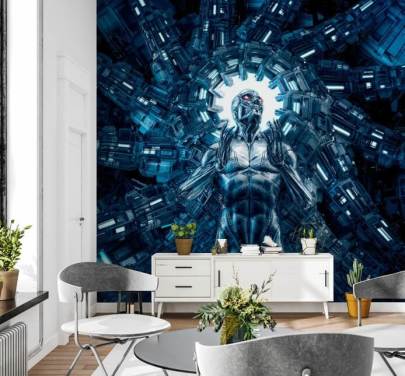 donkerblauw robot art behang