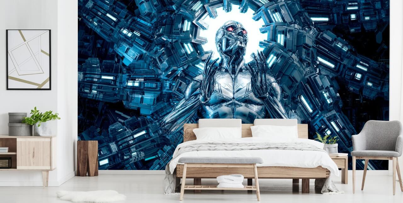 donkerblauw robot art behang