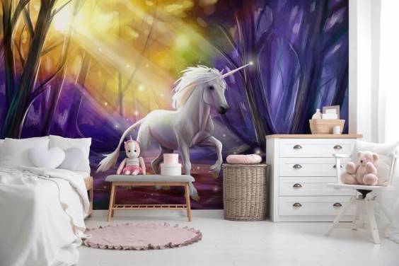 Unicorn in a Wood at Night Wall Mural