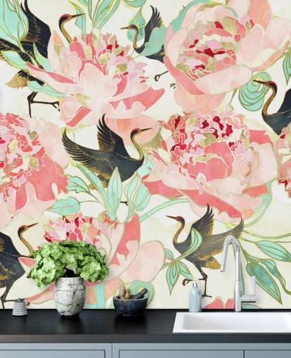 garças em flores cor de rosa papel de parede garças em flores cor de rosa papel de parede