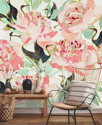 herons on pink flowers wallpaper herons on pink flowers wallpaper