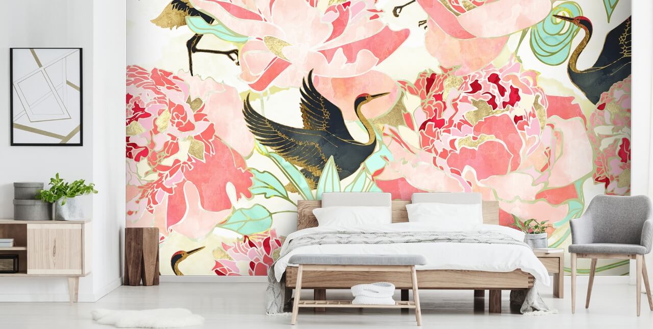 herons on pink flowers wallpaper