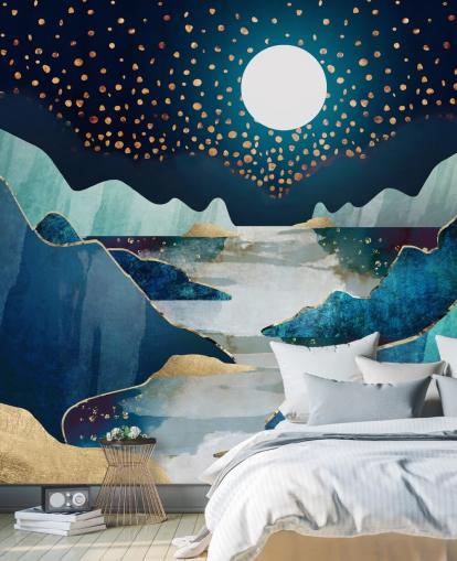 papier peint paysage lune or et bleu papier peint paysage lune or et bleu