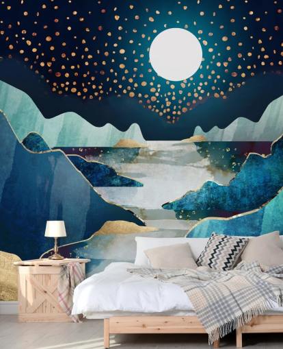 papier peint paysage lune or et bleu papier peint paysage lune or et bleu