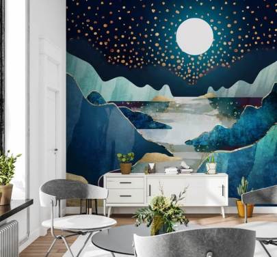 papier peint paysage lune or et bleu
