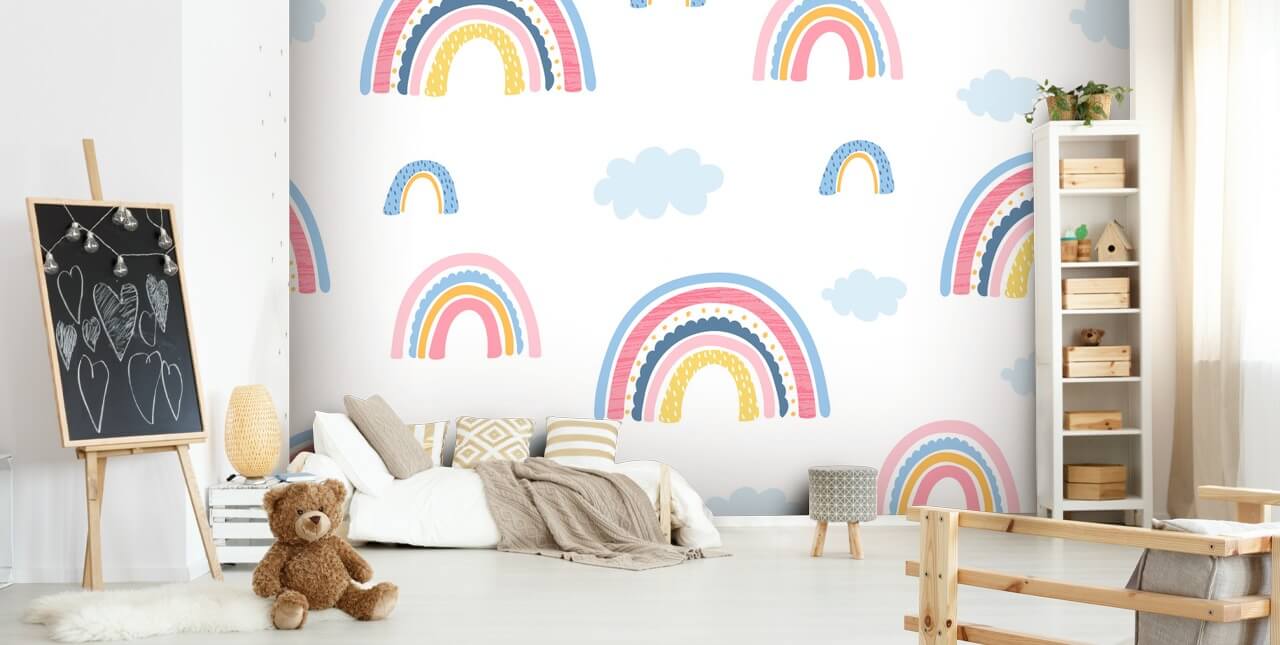 pastel rainbows and blue clouds wallpaper