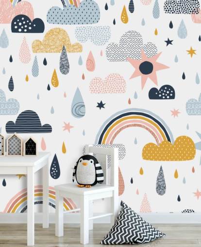 arco-íris pastel, nuvens e pingos de chuva papel de parede arco-íris pastel, nuvens e pingos de chuva papel de parede