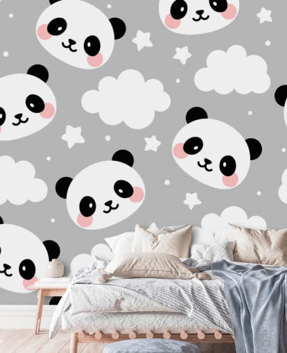 leuke panda's en wolken op grijs behang leuke panda's en wolken op grijs behang