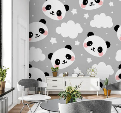 lindos pandas y nubes sobre papel tapiz gris