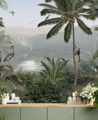 guindastes tropicais e macacos no papel de parede da selva guindastes tropicais e macacos no papel de parede da selva