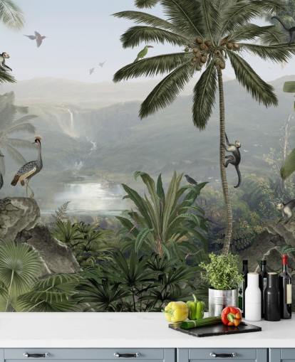 papier peint des grues tropicales et des singes dans la jungle papier peint des grues tropicales et des singes dans la jungle