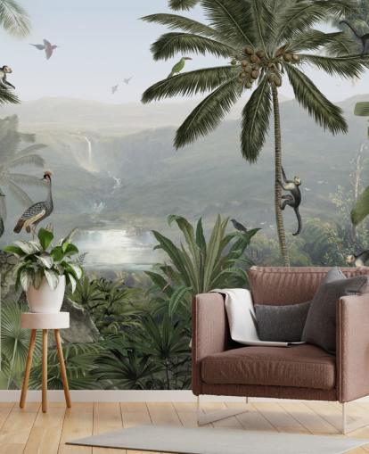 tropiske kraner og monkies i jungle tapet tropiske kraner og monkies i jungle tapet