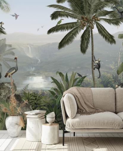 tropical cranes and monkies in jungle wallpaper tropical cranes and monkies in jungle wallpaper
