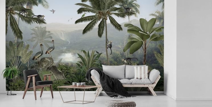 gru tropicali e scimmie nella carta da parati giungla