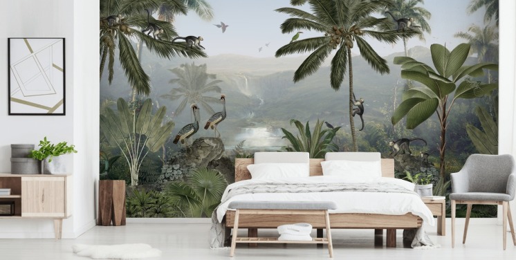 gru tropicali e scimmie nella carta da parati giungla