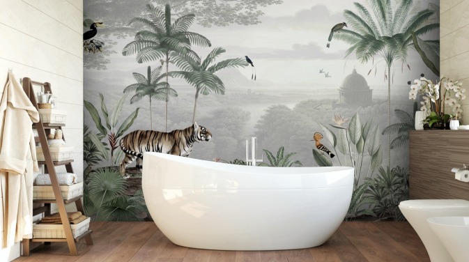 selva com tigre e pássaros papel de parede