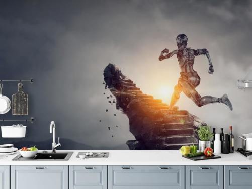 cyberwoman running up steps in space wallpaper
