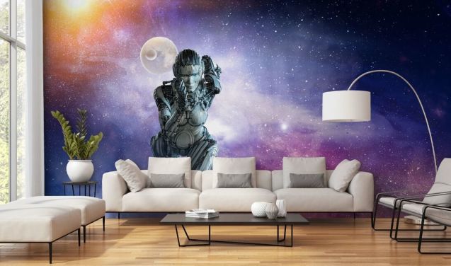 cyberwoman courir dans le papier peint de l'espace