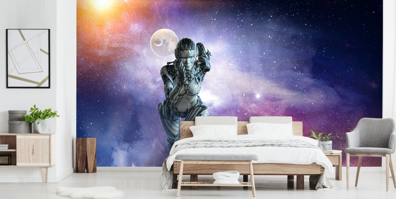 cyberwoman running in space wallpaper
