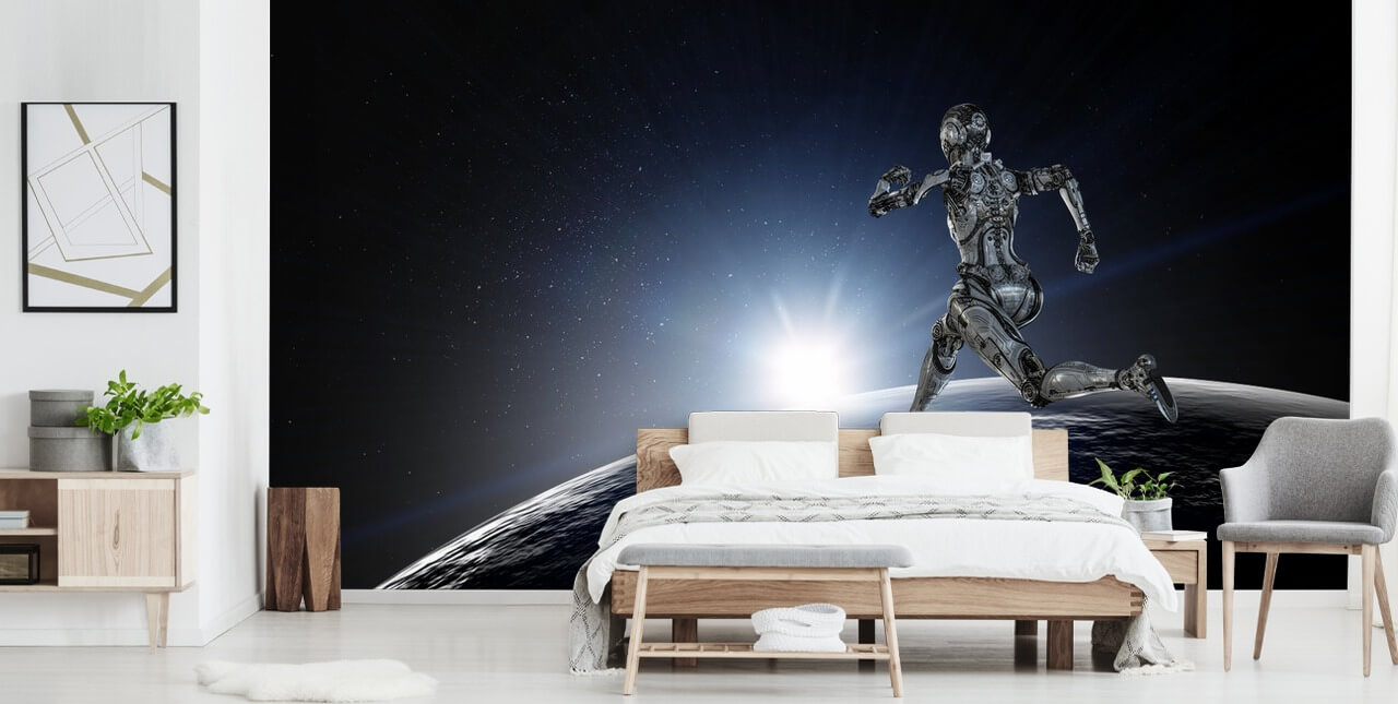 Cyborg zilver lopende vrouw behang