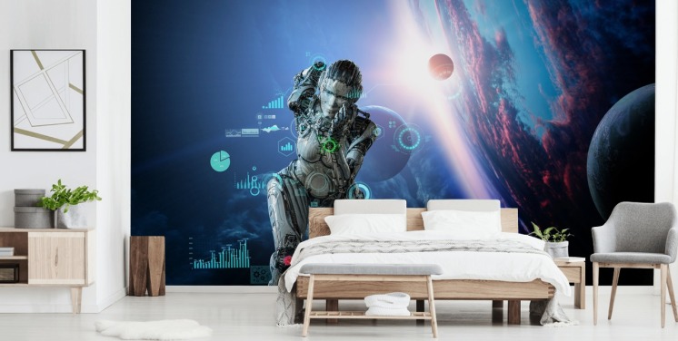 cyberwoman devant le fond d'écran de la terre