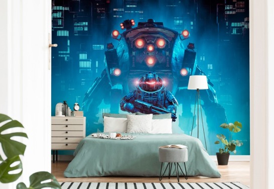 blauw getinte gaming-soldaat en robotbehang