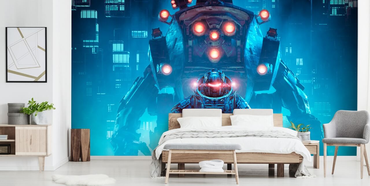 blå hued gaming soldat og robot tapet